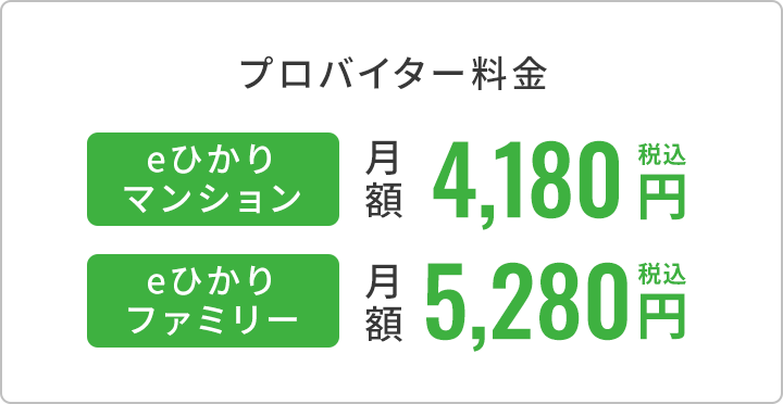 プロバイダー料金eひかりマンション月額税込4,180円 eひかりファミリー月額税込5,280円