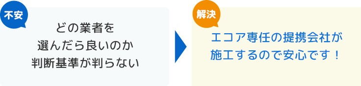 【不安】どの業者を選んだら良いのか判断基準が判らない ▶︎ 【解決】エコア専任の提携会社が施工するので安心です！