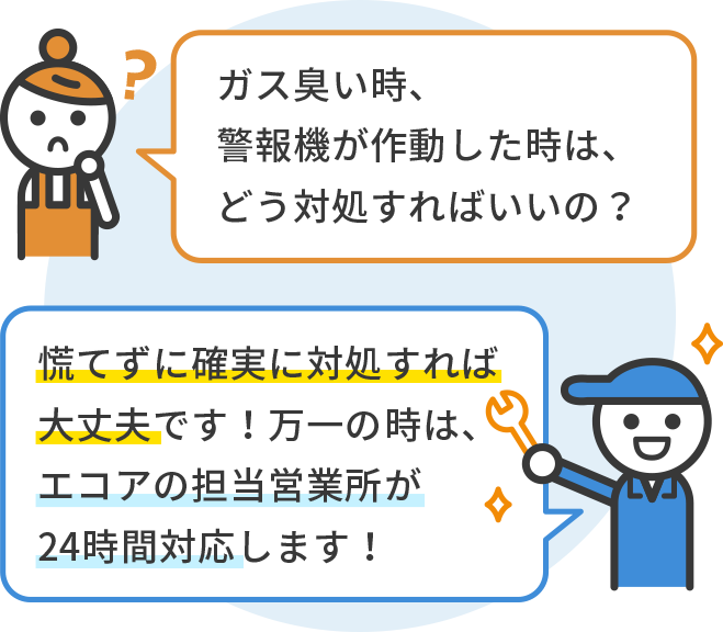 女性「ガス臭い時、警報機が作動した時は どう対処すればいいの？」スタッフ「慌てずに確実に対処すれば大丈夫です！ 万一の時は、エコアの担当営業所が24時間対応します！」